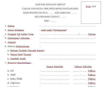 Contoh Daftar Riwayat Hidup calon anggota PPK/PPS/KPPS/PANTARLIH